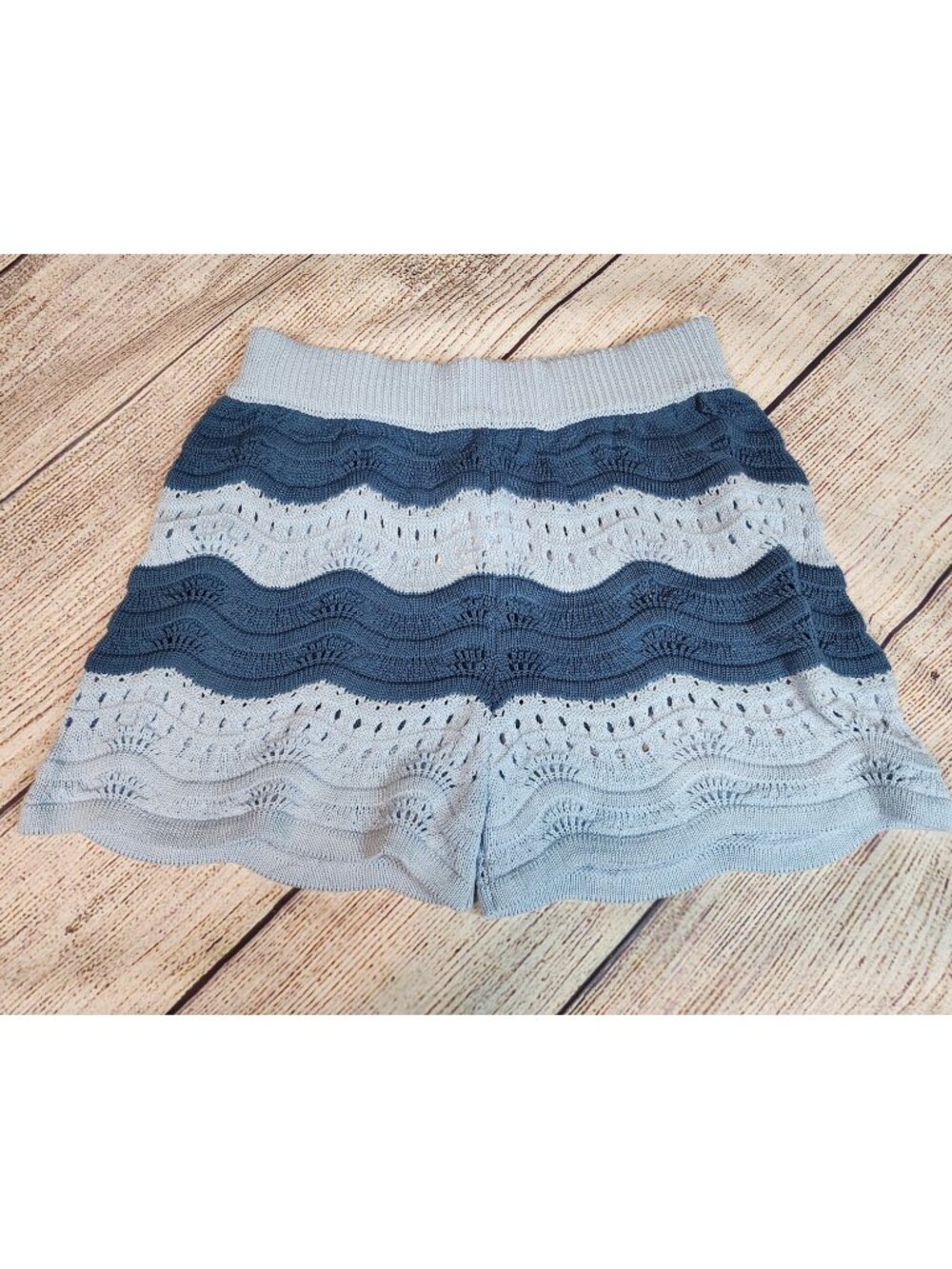 Anthropologie Crochet Eyelet Wavy Striped Shorts Large Blue Knit Beachy Cover Up